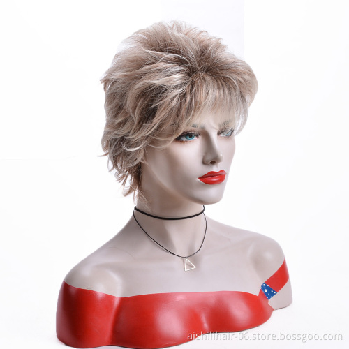 Wholesale heat resisitant short gold and  blonde fluffy deep wave fiber Synthetic hair wig for women